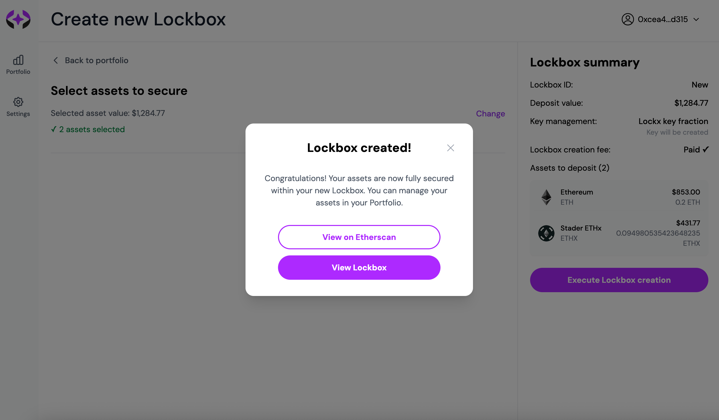 Lockbox creation success with 2FA setup and management options