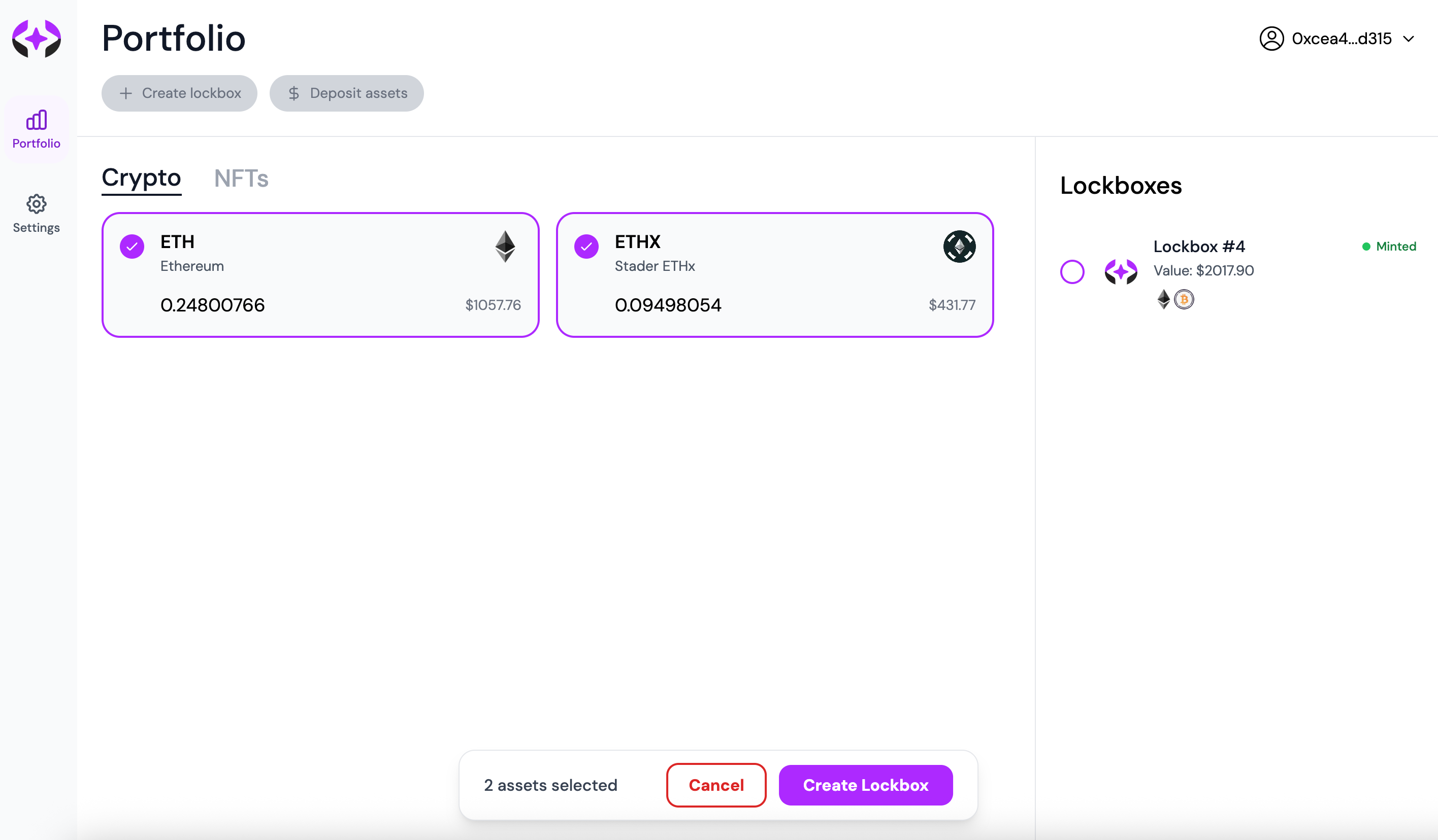 Asset selection interface with Create Lockbox CTA