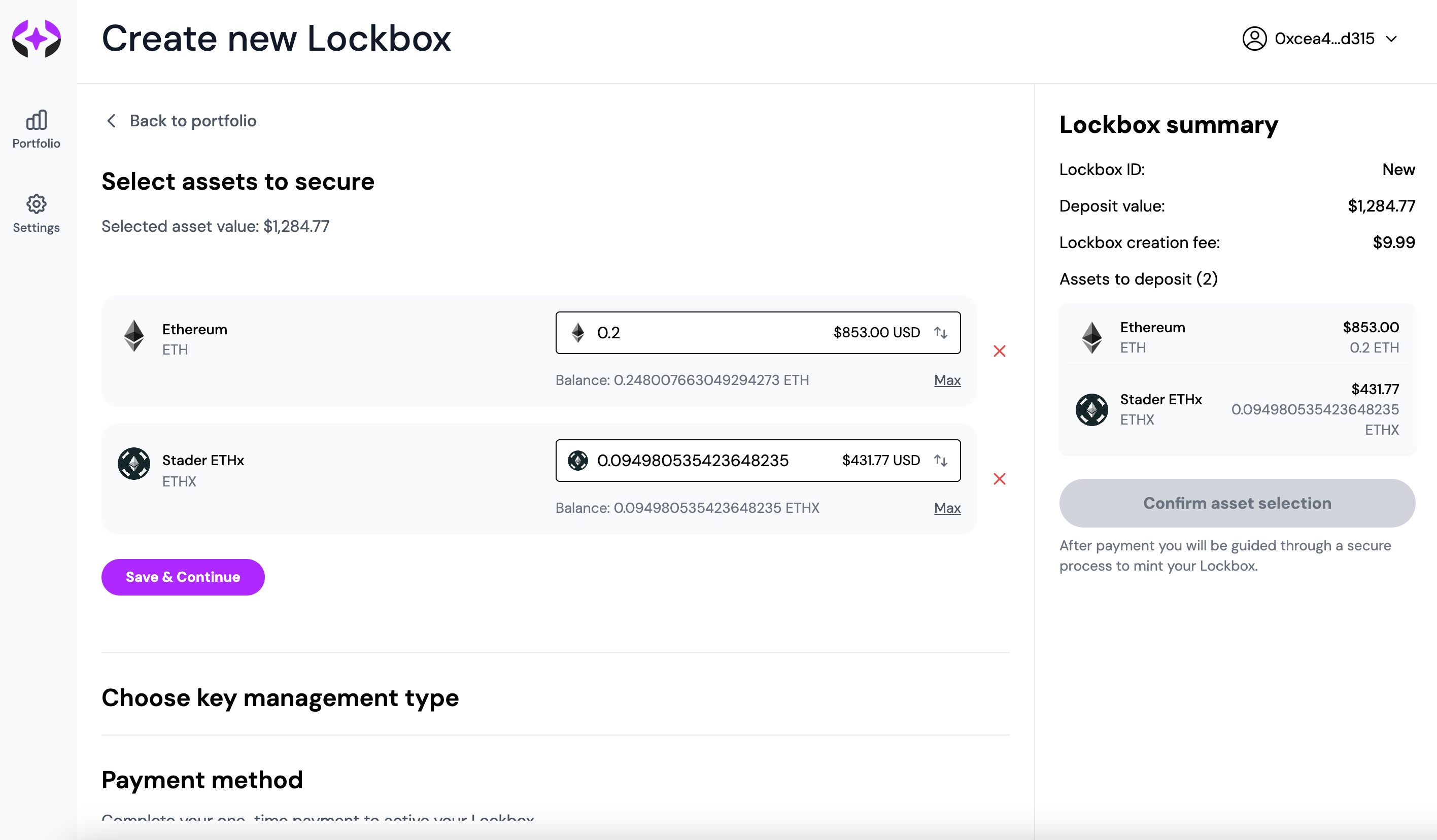 Payment page showing selected assets and security options