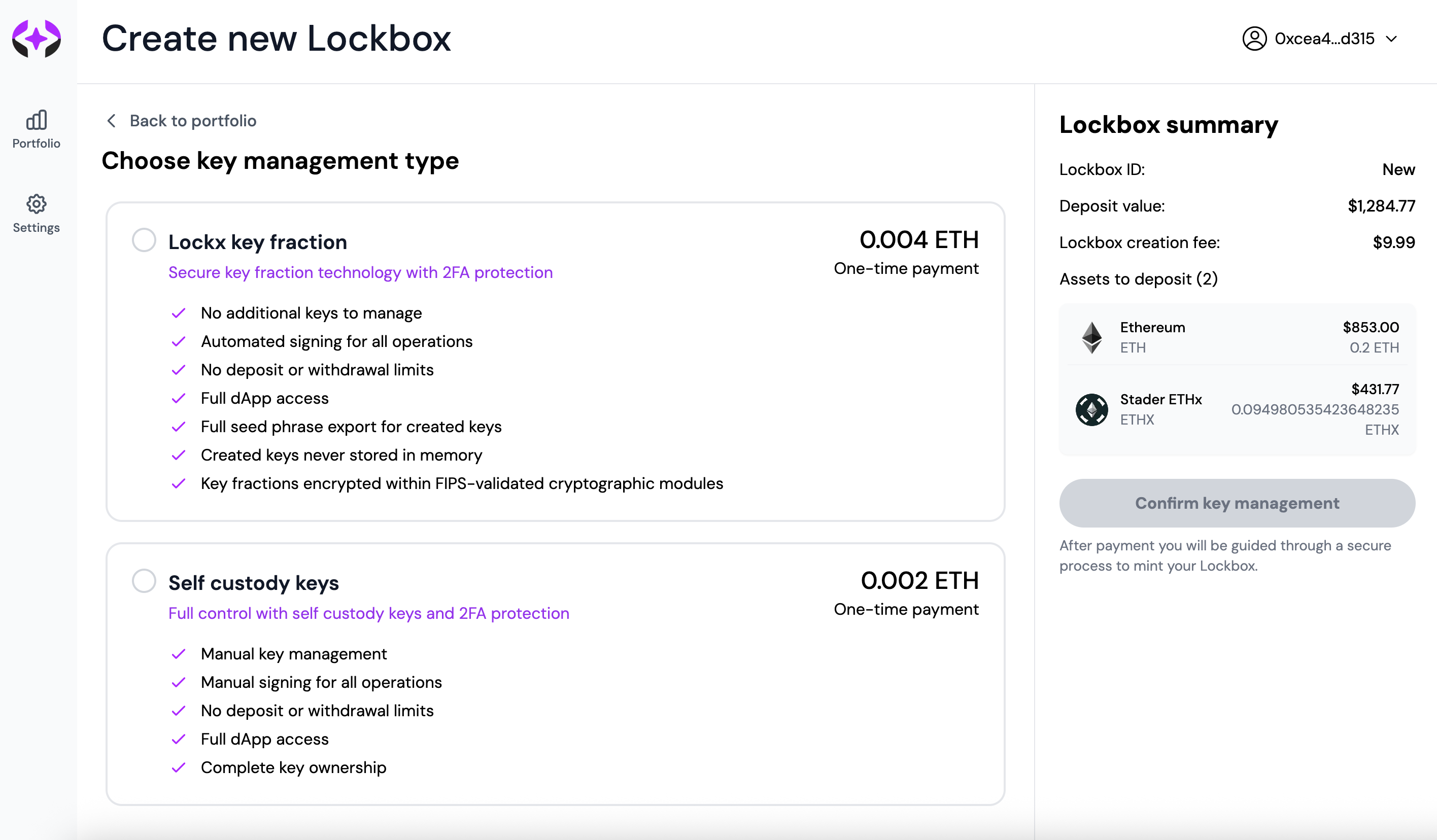 Key management selection showing Lockx Key Fraction and Self Custody options