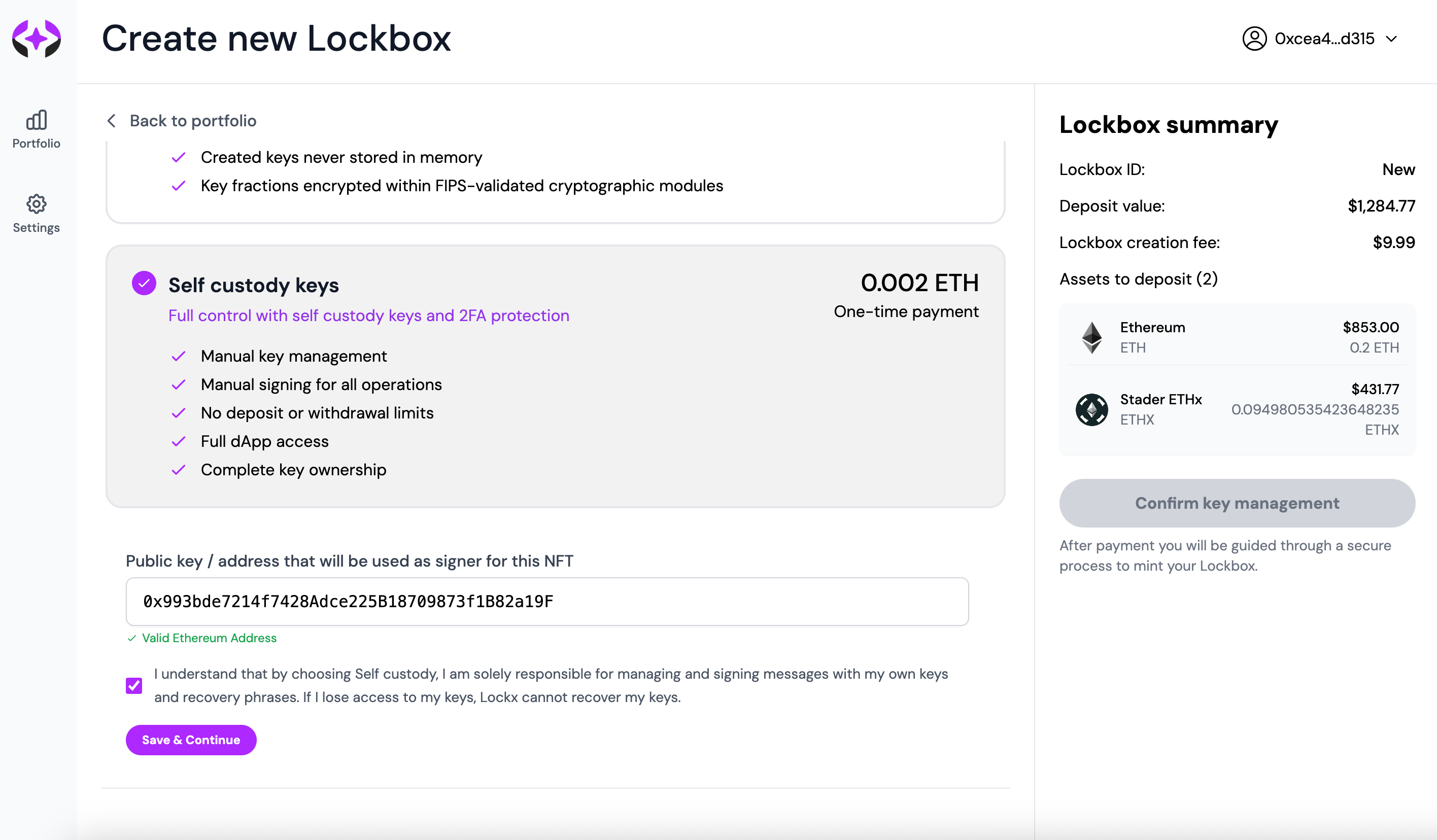 Self custody key input interface for custom private keys