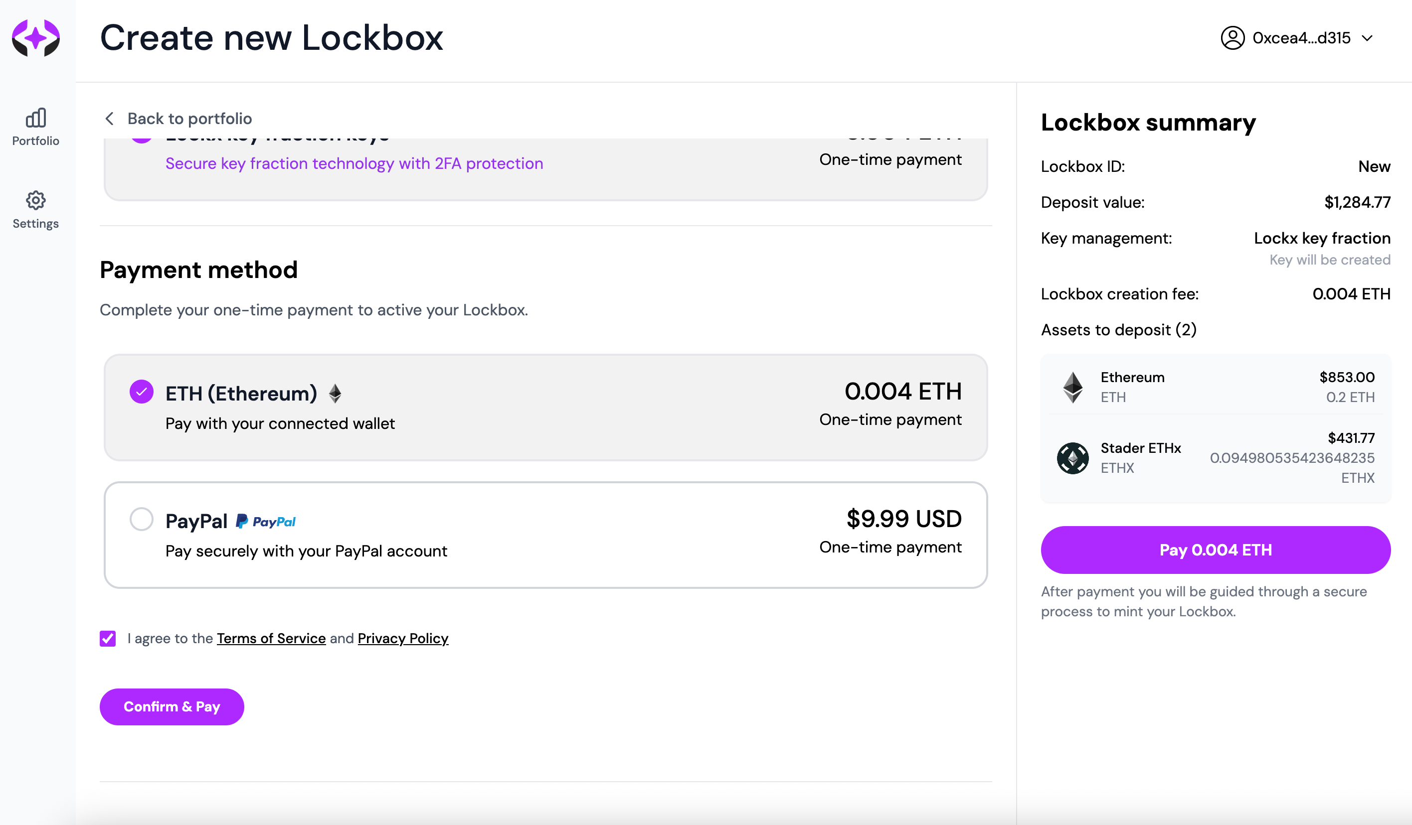 Payment method selection showing ETH and PayPal options