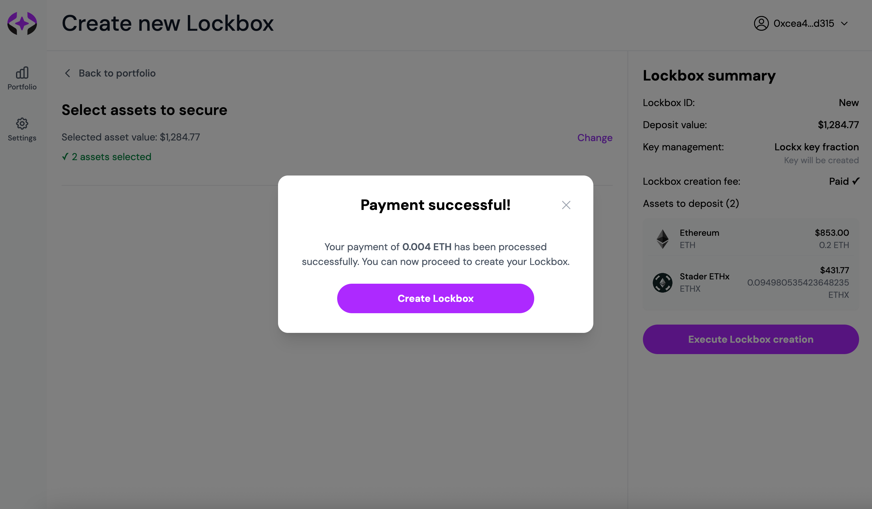 Payment success confirmation with option to create Lockbox