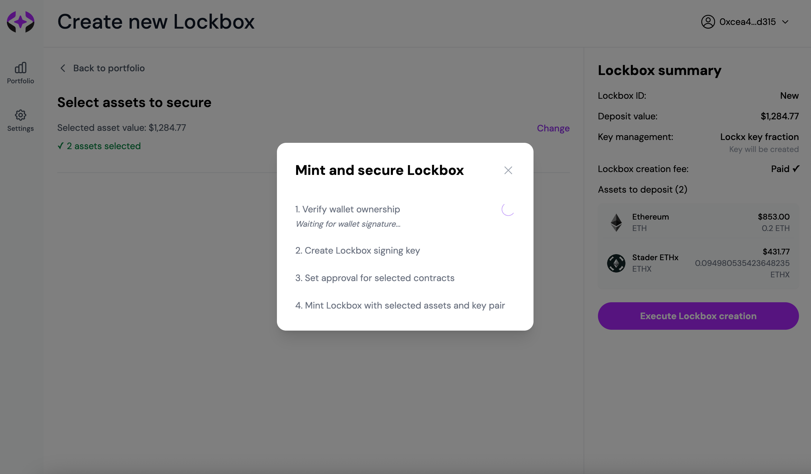 Action flow initiation showing Lockbox creation progress